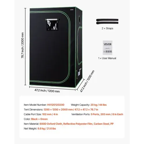 VEVOR Growzelt, 120x120x200 cm, Growbox 600D hochreflektierendes Mylar, Indoor-Pflanzenzelt mit Beobachtungsfenster, Bodenwanne & Reißverschluss, robuste Zuchtzelte für Obst, Blumen & Gemüse – Bild 6