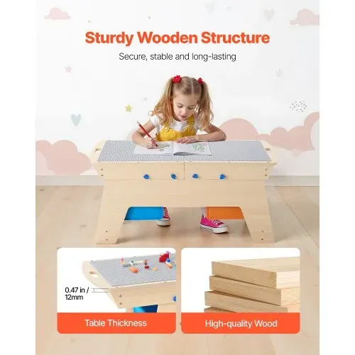 VEVOR Kindertisch 905 x 497 x 393 mm, Aktivitätstisch aus Holz, Mehrzweck-Spieltisch mit 200 Bausteinen und 3 Aufbewahrungsbehältern, Bausteintisch, Geschenk für Kinder ab 3 Jahren, Holzfarbe – Bild 2