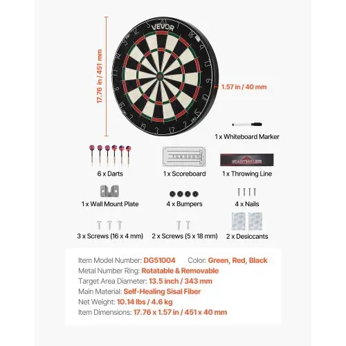VEVOR Dartscheibe, mit 6 Dartpfeilen & Punktezähler, selbstheilendes Dartboard aus Sisalfasern mit klammerfreiem Bullseye & drehbarem Zahlenring, für Partys & Spielzimmer zu Hause – Bild 6