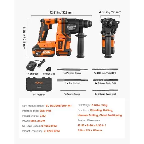 VEVOR Akku-Bohrhammer 13/16 Zoll SDS-Plus, 20 V Meißelhammer Bürstenlos mit Ladegerät & 3 Bohrer & Flachmeißel & Spitzmeißel & Transportkoffer, für Beton und Mauerwerk Schwarz Orange – Bild 6