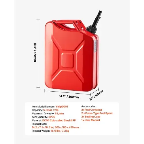 VEVOR Kraftstoffkanister, 20 L, Benzinkanister mit Ausguss & Komfortgriff, max. Durchflussrate 6 l/min, Metall-Benzintank für die meisten Autos, Motorräder, ATVs & UTVs, rot, 2er-Pack – Bild 6