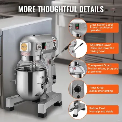 VEVOR Kommerzieller Küchenmixer, 28,5 l kommerzieller Standmixer mit 3 einstellbaren Geschwindigkeiten, 1100 W Teigmixer mit Edelstahlschüssel und 3 Mixaufsätzen, ideal für Restaurant, Bäckerei, Konditorei, Café – Bild 5
