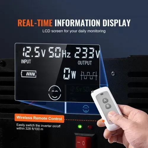 VEVOR Sinus-Wechselrichter 5000 W DC 12 V auf AC 230 V Wechselrichter mit 2 AC-Steckdosen 2 USB-Anschlüssen 1 Typ-C-Anschluss LCD-Display und Fernbedienung für Haushaltsgeräte mit hoher Belastung – Bild 3