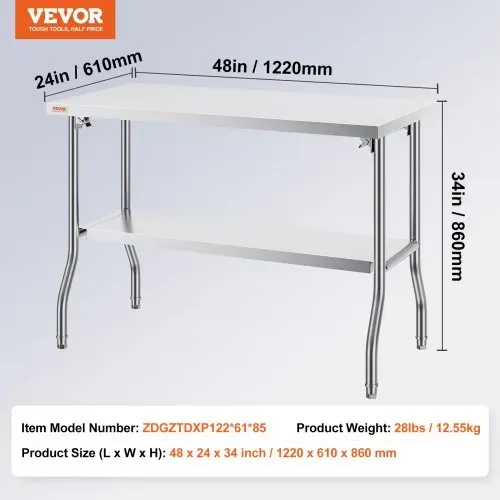 VEVOR Arbeitstisch Küche, 1220 x 610 x 850 mm Arbeitstisch Gastro 2-lagiger Zubereitungstisch Edelstahl Gastro Tisch, Essenszubereitung Gewerbe Küchentisch Lebensmittel Küchentisch Edelstahltisch – Bild 6