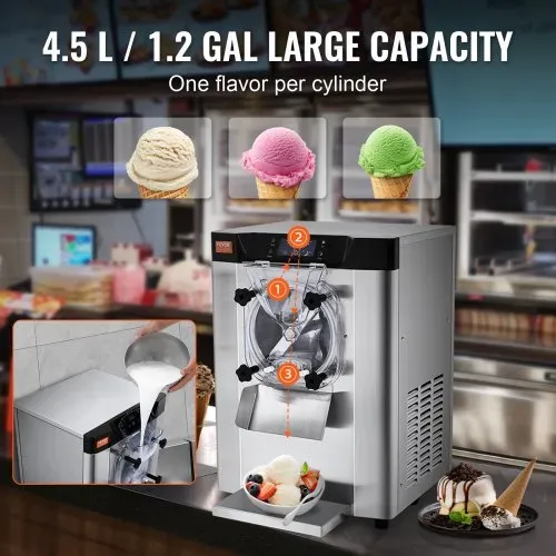 VEVOR Kommerzielle Eiscreme-Maschine, 12 L/h Einzelgeschmacksrichtung Arbeitsplatten-Eiscrememaschine für Hartes Servieren, 4,5 L Edelstahlzylinder, LED-Panel, Automatische Vorkühlung mit Reinigung – Bild 2