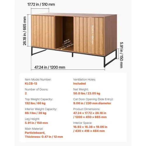 VEVOR Katzenschrank, 1200x450x665 mm, Katzentoilette mit Kratzpad & Stauraum, Katzenklo Schrank, Katzenhaus, passend für die meisten Katzentoiletten, für Schlafzimmer & Wohnzimmer – Bild 6