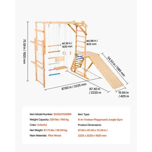 VEVOR Indoor Spielplatz Klettergerüst (8 in 1) aus Holz, 100 kg belastbares Montessori-Kletterspielzeug-Set mit Schaukeln/Klettergerüst/Rutschen/Holzleiter/Strickleiter/Kletternetz/Stange – Bild 6