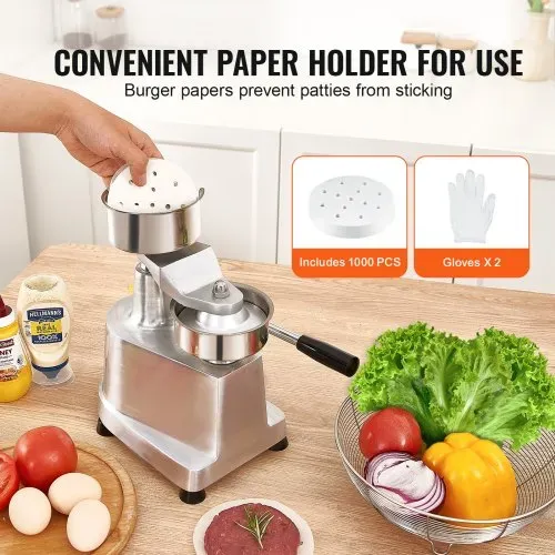 VEVOR Kommerzieller Burger-Patty-Maker, 10 cm Hamburger-Rindfleisch-Patty-Maker, robuste, lebensmittelechte Edelstahlschüssel-Burgerpresse, Küchen-Fleischformmaschine mit 1000 Stück Patty-Papi – Bild 3