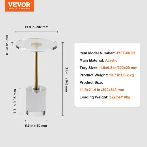 VEVOR Durchsichtiger Acryl-Beistelltisch, Acryl-Beistelltisch mit Solider Basis, φ302 x 20 mm Runde Tischplatte, 543 mm Hoch, für Kaffee, Getränke, Essen, Snacks, Geeignet für Wohnzimmer, Esszimmer – Bild 6