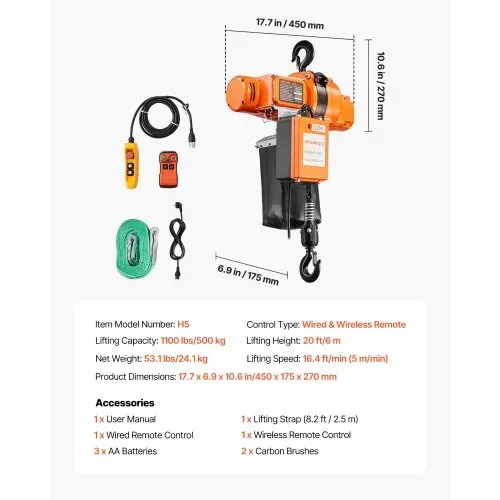 VEVOR Elektrischer Kettenzug 500 kg, 6 m Hubhöhe, 230 V Einphasen-Brückenkran mit 100 m Funk- & 4,5 m Kabelfernbedienung, Notstopp, 2-in-1 Elektrokettenzug für Fabriken, Lagerhallen, Garagen – Bild 6