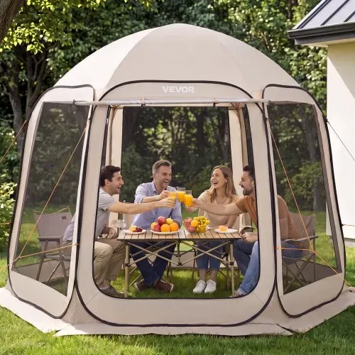 VEVOR Campingzelt, 304,8 x 280,4 cm, Pop-up-Zelt mit ausziehbarer Markise, tragbares Partyzelt für 4–8 Personen mit Tragetasche und Seitenwänden, für Terrasse und Outdoor-Aktivitäten, Beige – Bild 7