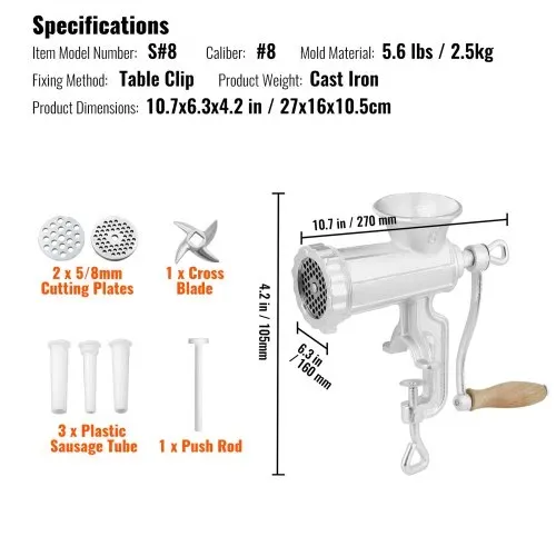 VEVOR Fleischwolf Manuell 5 / 8 mm Schneidplatten, Fleischwolf Küchenhelfer inkl. 3 Wurstfüllrohre & Schubstange Fleischmaschine Fleischwolf Hackfleisch Wurstfüller Leicht zu reinigen Fleischwolf – Bild 6