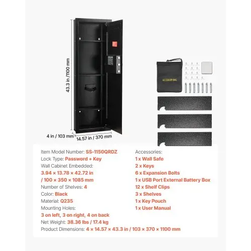 VEVOR Wandsafe Wandtresor mit Passwort & Schlüssel, Einbaugehäuse aus kaltgewalztem Stahl Q235 mit verstellbaren Ablagen & LED-Beleuchtung, Einbausafe Schranktresor für Geld Schmuck Reisepass – Bild 6