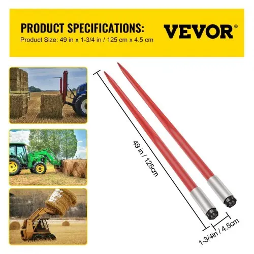 VEVOR Frontladerzinken 125 cm Ballenzinken 2041 kg Kapazität, Ballenspieß Schnellbefestigung, rot beschichtete Ballengabeln, mit Sechskantmutter und Hülse für Schaufeln, Traktoren, Lader – Bild 6