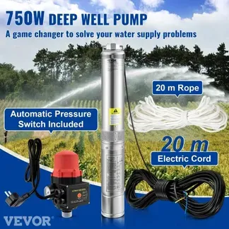 VEVOR 88 mm Tiefbrunnenpumpe 750W Brunnenpumpe 105L/min Tauchpumpe max. Förderhöhe 62m Rohrpumpe 230V 50Hz Sandpumpe IP68 Wasserpumpe 11 Laufradstufen Pumpe Ideal zur Bewässerung oder Wasser-Versorgung VEVOR 88 mm Tiefbrunnenpumpe 750W Brunnenpumpe 105L/min Tauchpumpe max. Förderhöhe 62m Rohrpumpe 230V 50Hz Sandpumpe IP68 Wasserpumpe 11 Laufradstufen Pumpe Ideal zur Bewässerung oder Wasser-Versorgung