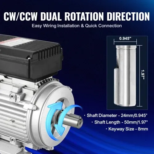 VEVOR 2,2 kW Elektromotor 2800 U/min, Wechselstrom 220–240 V, 13,8 A, 90 l, B3-Rahmen, Luftkompressormotor einphasig, 24 mm Keilwelle, Rechts-/Linkslauf für landwirtschaftliche Maschinen und allgemeine Geräte – Bild 3