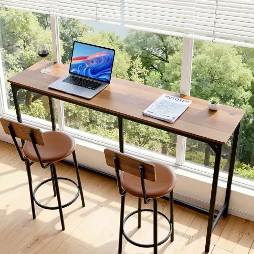 VEVOR Bartisch mit abgerundeten Kanten & ausziehbarem horizontalem Design, rechteckiger Kneipentisch Stehtisch (1600 x 398 x 915 mm), Bistrotisch Esstisch Hellbraun, Schwarz, geeignet für Minibar – Bild 7