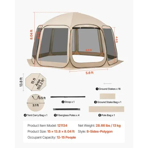 VEVOR Campingzelt, 457,2x420,6x245 cm, Partyzelt für 12–15 Personen, Pop Up Zelt, inkl. Tragetasche, Netz-Seitenwände und Heringen, für Garten, Terrasse und Outdoor-Aktivitäten, Beige – Bild 6