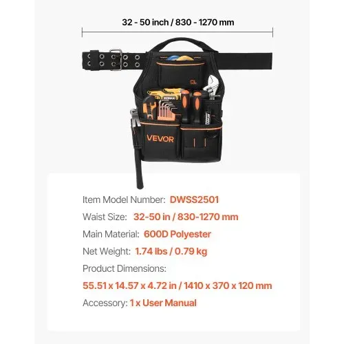 VEVOR Werkzeuggürtel, 14 Taschen, Handwerkergürtel, Arbeitsgürtel für Elektriker, Schreiner & Bauarbeiter, Hammerhalter, Werkzeughalter, Schürzenorganizer geeignet, verstellbar von 830–1270 mm – Bild 6