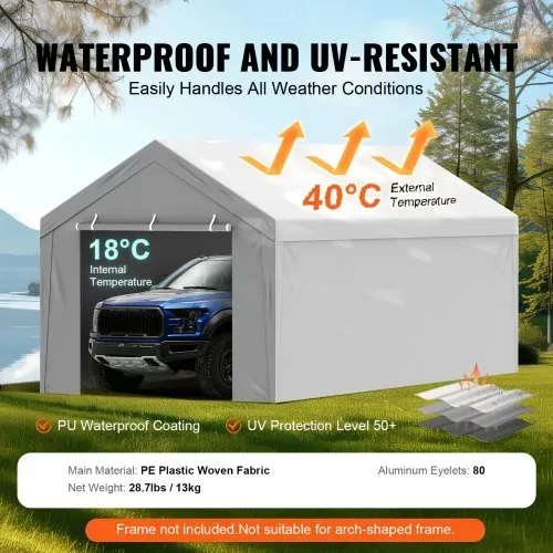 VEVOR Carport Garagezelt, oben + Seitenwand 3 x 6 m, Garagenzelt-Unterstandplane, wasserdicht und UV-geschützt, einfache Installation mit Spanngurten, weiß (Rahmen nicht im Lieferumfang enthalten) – Bild 2
