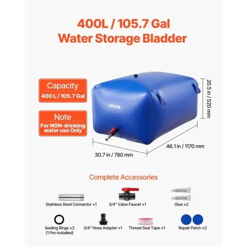 VEVOR Wasserspeicherblase, 400 L Wasserbeutel, faltbarer Behälter für weiches Wasser, auslaufsicherer & reißfester PVC-Notwasserspeichertank für Wohnmobil, LKW & den Einsatz im Freien VEVOR Wasserspeicherblase, 400 L Wasserbeutel, faltbarer Behälter für weiches Wasser, auslaufsicherer & reißfester PVC-Notwasserspeichertank für Wohnmobil, LKW & den Einsatz im Freien