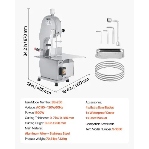 VEVOR Knochen Sägemaschine, 1500 W 300 kg/h Elektrische Knochenschneidemaschine, 490x380 mm Knochenschneidemaschine, 4-200 mm Schnittdicke Gastro-Fleischsäge, Kommerzielle Knochensäge Fleischbandsäge – Bild 6