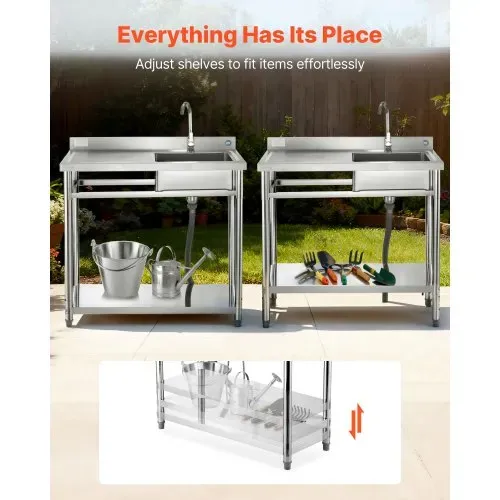 VEVOR Spültisch Spülbecken Edelstahl (100 x 50 x 94 cm), Einzelbecken mit Wasserhahn & Ablage, Küchenspüle für Garage Restaurant Wäscherei, Waschtisch Außenspüle mit Arbeitsplatte (links) – Bild 2