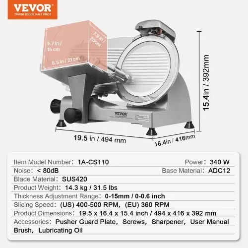 VEVOR Kommerzieller Fleisch Allesschneider 340 W, Elektrische Aufschnittmaschine Lebensmittelschneider mit 25,4 cm-Kohlenstoffstahlklinge, 0–15 mm Einstellbare Dicke für Fleisch, Käse, Gemüse usw. – Bild 6