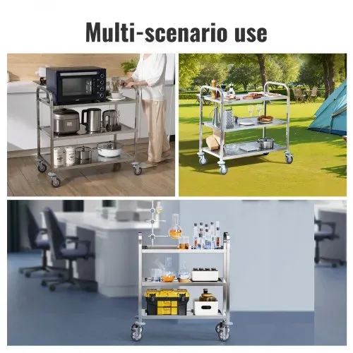 VEVOR Laborwagen Gerätewagen Medizintechnik Servierwagen 201 Edelstahl Tragbar Abräumwagen 100 kg Tragfähigkeit, 740 x 396 x 860 mm Labor Rollwagen Medical Trolley Dreifach-Design Silber – Bild 5