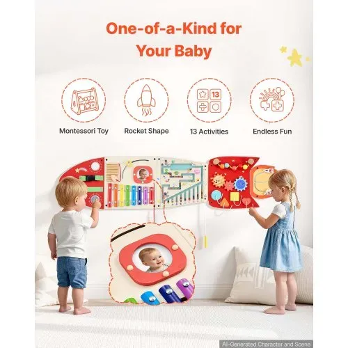 VEVOR Montessori Busy Board 13-in-1 Sensorisches Wandmotorikbrett Rakete, Motorikspielzeug zur Bildung & Frühe Entwicklung für Kita Heim, aus MDF-Platten, mit Xylophon Uhr Zahnrädern & Lernelementen – Bild 4
