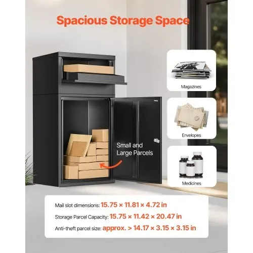 VEVOR Paketbriefkasten 500x325x909 mm, Paketkasten mit Schloss, Paketbriefbox aus verzinktem Stahl mit Diebstahlschutz-Design, Packstation für Zuhause und das Büro, Schwarz – Bild 3