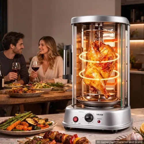 VEVOR Vertikaler Dönergrill 11,5 L 1500 W Gyrosgrill Kebab Shawarma Silber für Kleine Haushalte, 190 °C Maximaltemperatur, Timer 0–60 Minuten, Sicherheitsglastür, Tropfschale, Drehgabeln und Spieße – Bild 7