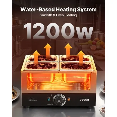 VEVOR Schokoladenschmelzmaschine 4 Abnehmbare Behälter Edelstahl 1,2 kW, für Bäckereien, Konditoreien und Restaurants, mit Temperaturregelung 30–85 ℃, Trockenlaufschutz, Schokoladentempiermaschine – Bild 2