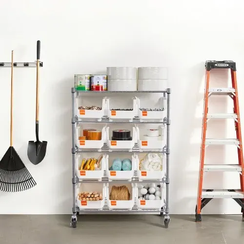 VEVOR Standregal, Lagerregal mit 5 Ebenen & 12 Stapelboxen, Regalsystem mit Rollen, mobile Werkzeugaufbewahrung für Garage, Lager, Büro, Restaurant, Klassenzimmer, Küche – Bild 7