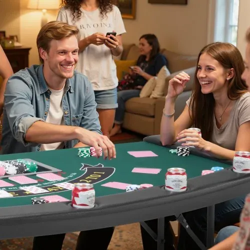 VEVOR klappbarer Pokertisch für 7 Spieler (183 cm) Kasino-Freizeittisch mit gepolsterten Schienen & Getränkehaltern, Halbovale tragbare Spieltische mit Filz- und Metallbeinen, Texas Hold’em Poker – Bild 7