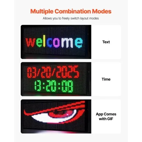 VEVOR programmierbare LED Zeichen P10 Vollfarbe flexibles digitales Scrolling Panel, DIY Anzeigetafel mit benutzerdefiniertem Textmuster und GIF & Bluetooth App Steuerung LED Laufschrift (99 x 35 cm) – Bild 5