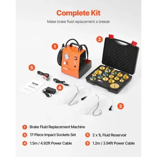 VEVOR elektrisches Bremsenentlüfter-Set Profi Hauptbremszylinder-Entlüftungsset mit Druckmesser & eingebauter Luftpumpe, vielseitiges Bremsenentlüfter-Adapterset für Gleich- und Wechselstrom – Bild 6