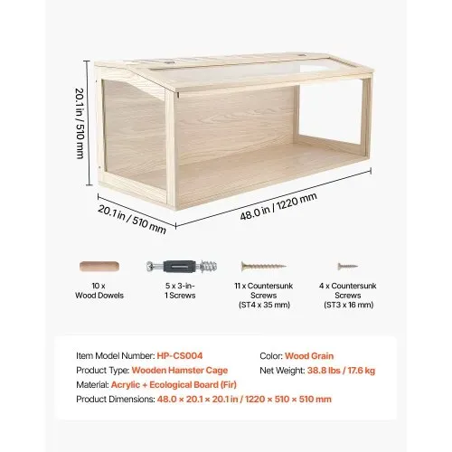 VEVOR Hamsterkäfig Nagerkäfig Nagarium Hamstergehege Holz 1220x510x510mm, 270°-Sichtfenster Nagersicher mit Deckel Belüftung für Goldhamster Zwerghamster Meerschweinchen Rennmäuse – Bild 6