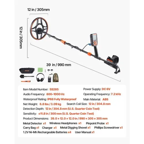 VEVOR Metalldetektor für Erwachsene 304,8 mm, Profi Metallsuchgerät mit 7 Modi, IP68 Wasserdicht, Hochpräziser Golddetektor mit Display, Kabellosen Kopfhörern, Verstellbarer Länge, zur Goldsuche – Bild 6
