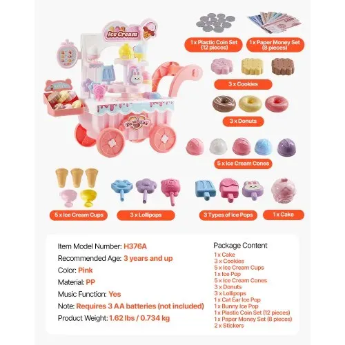 VEVOR Eiswagen, 27-teiliges Zubehör, Eisdiele aus PP, Aufbewahrungswagen mit Spielgeld, Ton- und Lichteffekten, Montessori-Lernspielzeug, Rollenspiel für Kleinkinder ab 3 Jahren (Pink) – Bild 6