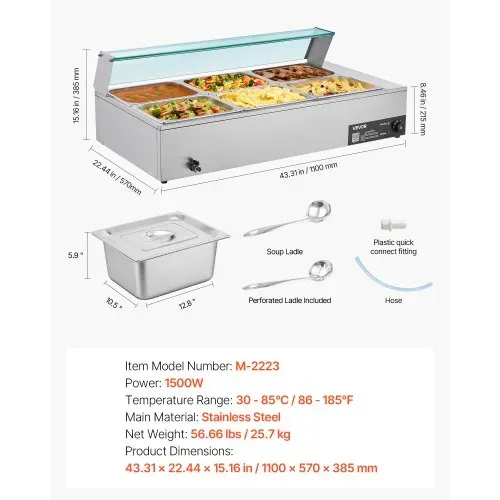 VEVOR kommerzieller Speisenwärmer (6 x 1/2 Größe Behälter), 1,5 kW elektrischer Wärmebehälter aus Edelstahl mit Glasabdeckung & Suppenkelle, Chafing Dishes für Catering Restaurant Party – Bild 6