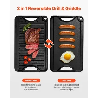 VEVOR wendbarer Grillplatte Bratpfanne Griddle aus Gusseisen (185 x 342 mm), tragbare rechteckige BBQ Pfanne mit Griff, Familienkochgeschirr für Herdplatten drinnen/draußen Grill, schwarz VEVOR wendbarer Grillplatte Bratpfanne Griddle aus Gusseisen (185 x 342 mm), tragbare rechteckige BBQ Pfanne mit Griff, Familienkochgeschirr für Herdplatten drinnen/draußen Grill, schwarz