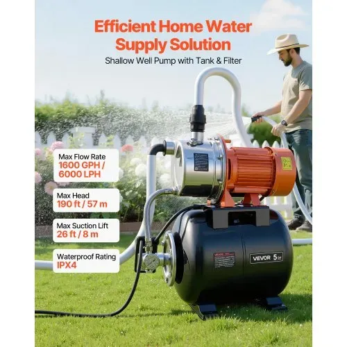 VEVOR Hauswasserwerk 1176 W, 6000 L/h Jetpumpe mit 19 L Druckbehälter, 57 m Förderhöhe, inkl. Automatischem Wasserfördersystem & Edlstahlpumpenkopf, zur Gartenbewässerung & Hauswasserversorgung VEVOR Hauswasserwerk 1176 W, 6000 L/h Jetpumpe mit 19 L Druckbehälter, 57 m Förderhöhe, inkl. Automatischem Wasserfördersystem & Edlstahlpumpenkopf, zur Gartenbewässerung & Hauswasserversorgung