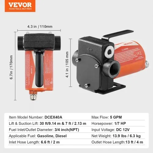 VEVOR Dieselpumpe, 12 V DC, 5 GPM, 1/7 PS, Heizölpumpe mit automatischer Abschaltung der Pistole, Umfüllpumpe, langer Einlass- und Auslassschlauch für Benzin, Diesel, Kerosin, Methanol-Mischungen – Bild 6