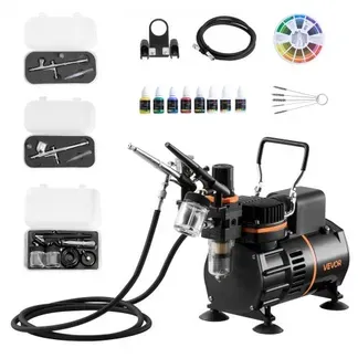 VEVOR Airbrush Set 1/6 PS mit Luftkompressor, 3 Dual Action Airbrush Pistolen mit 3 Düsen (0,3/0,3/0,8 mm) & Schlauch & Acrylfarbe & 2 Ventilatoren, für Kuchendekoration Modellmalerei Nagelkunst VEVOR Airbrush Set 1/6 PS mit Luftkompressor, 3 Dual Action Airbrush Pistolen mit 3 Düsen (0,3/0,3/0,8 mm) & Schlauch & Acrylfarbe & 2 Ventilatoren, für Kuchendekoration Modellmalerei Nagelkunst