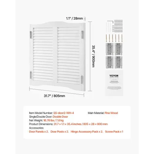 VEVOR Saloontür, 805x28x900 mm, Flügeltür, Schwingtür mit Scharnieren & Beschlagsatz, einfach zu installieren, gewölbte Innenschwingtüren für Cafés, Flur, Küche, Bar, Pub, Eingang, weiß – Bild 6