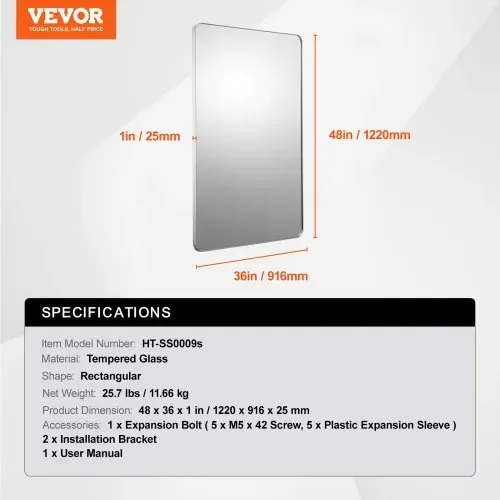 VEVOR Wandspiegel Schminkspiegel Badezimmerspiegel 1220 x 916 x 25 mm silberner Rahmen aus Aluminiumlegierung Spiegel mit Z-förmiger Halterung passend für Badezimmer Schlafzimmer Wohnzimmer – Bild 6