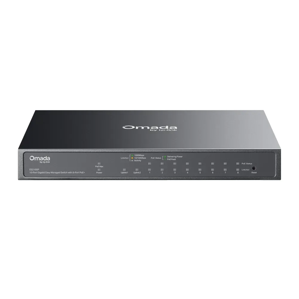 Omada by tp-link Switch Easy Managed Layer2 10 Port • 9x 1 GbE • 1x 1 GbE/SFP • PoE Budget 63 Watt • 8x PoE+ at • Lüfterlos, Omada • ES210GP(UN) Omada by tp-link Switch Easy Managed Layer2 10 Port • 9x 1 GbE • 1x 1 GbE/SFP • PoE Budget 63 Watt • 8x PoE+ at • Lüfterlos, Omada • ES210GP(UN)