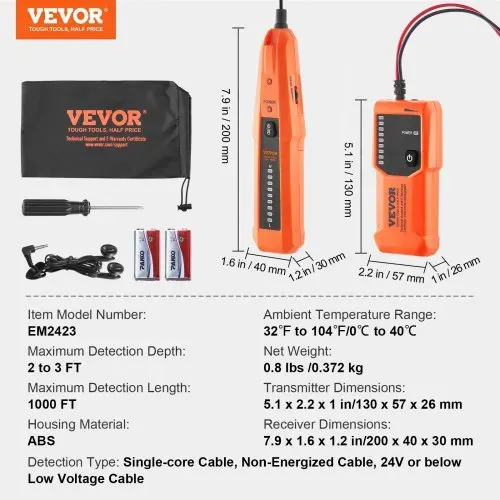 VEVOR Netzwerk Kabel Tester, max. 0,9 m Erkennungstiefe, Kabelsucher Kabelbruchdetektor mit Kopfhörer, max. 304,8 m Erkennungslänge, Kabel Testgerät für Haustierzäune, Sprinklerventilbewässerung – Bild 6