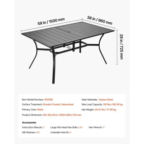 VEVOR Terrassentisch Gartentisch Balkontisch (1500 x 960 x 725 mm) aus Kohlenstoffstahl rechteckier Esstisch für Hof Terrasse Garten Veranda, wasserfest, mit 38 mm Schirmloch, 68 kg Tragkraft Schwarz – Bild 6